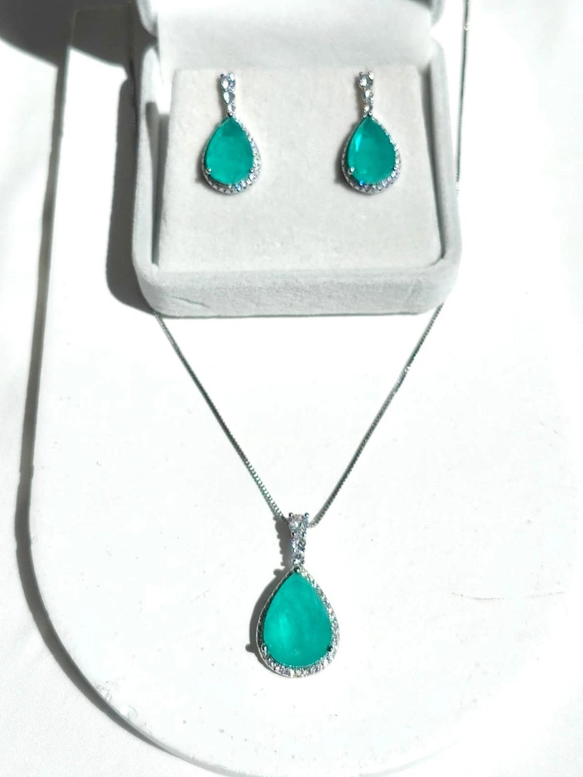 Silver Plated Neon Blue Paraiba Style Zircon Necklace and Earrings Set