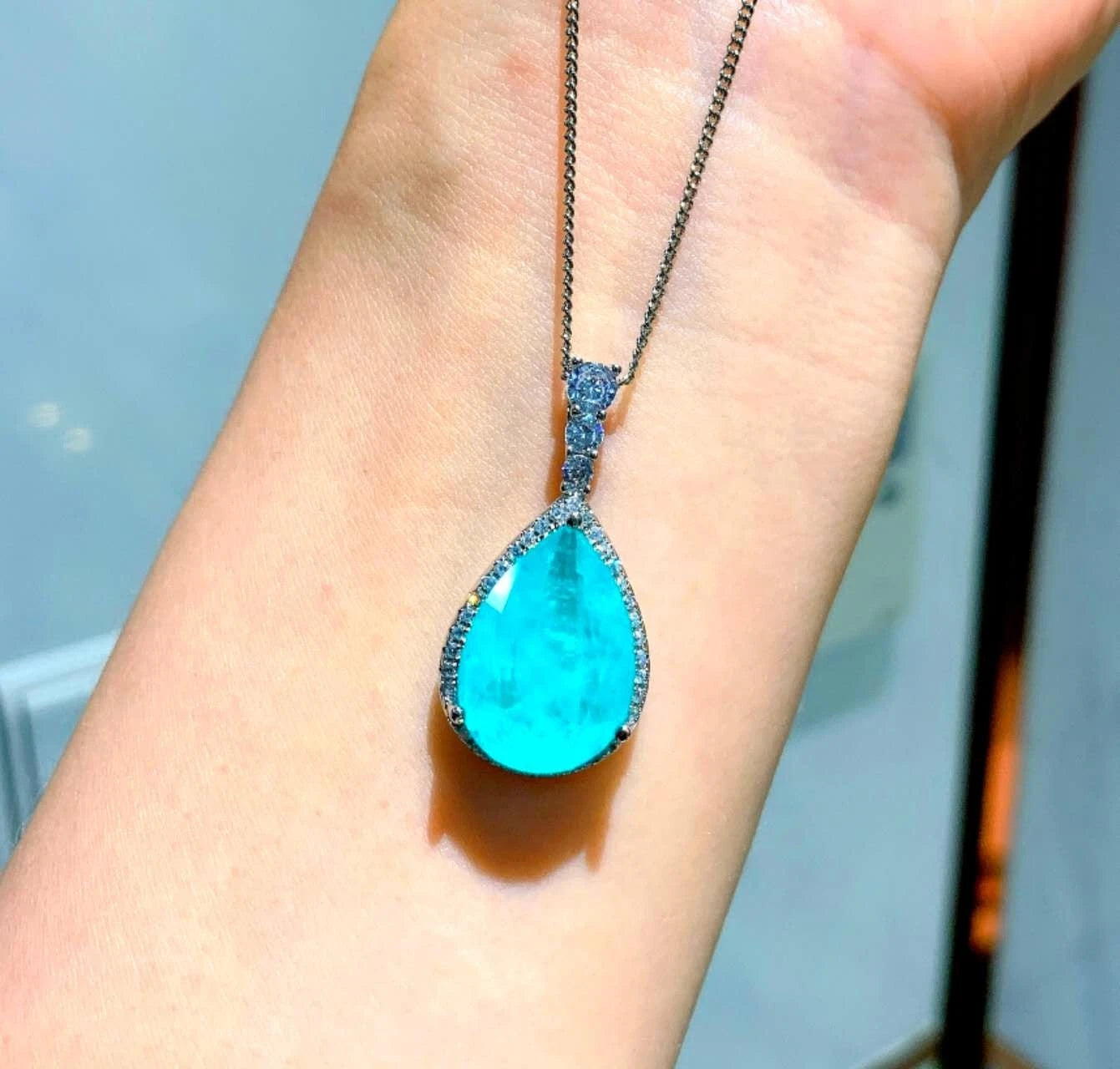 Silver Plated Neon Blue Paraiba Style Zircon Necklace and Earrings Set