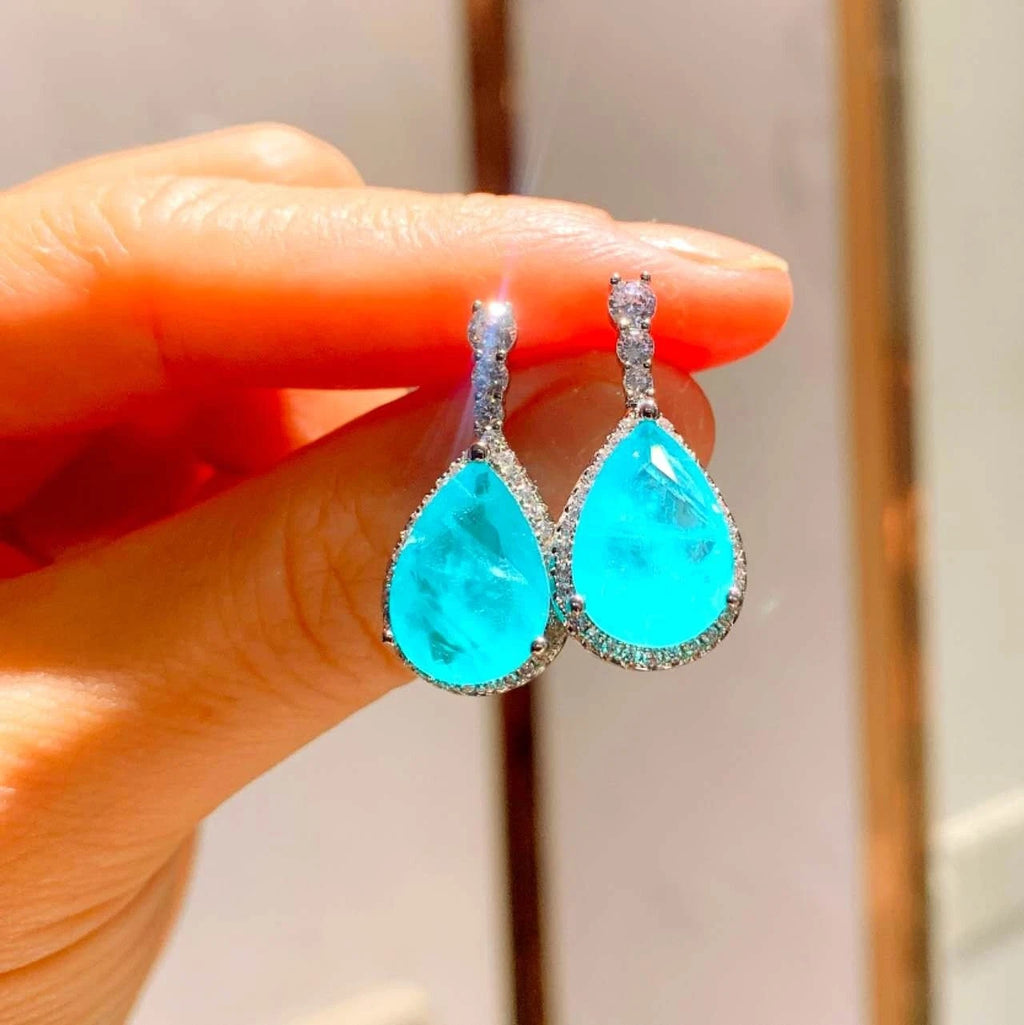 Silver Plated Neon Blue Paraiba Style Zircon Necklace and Earrings Set