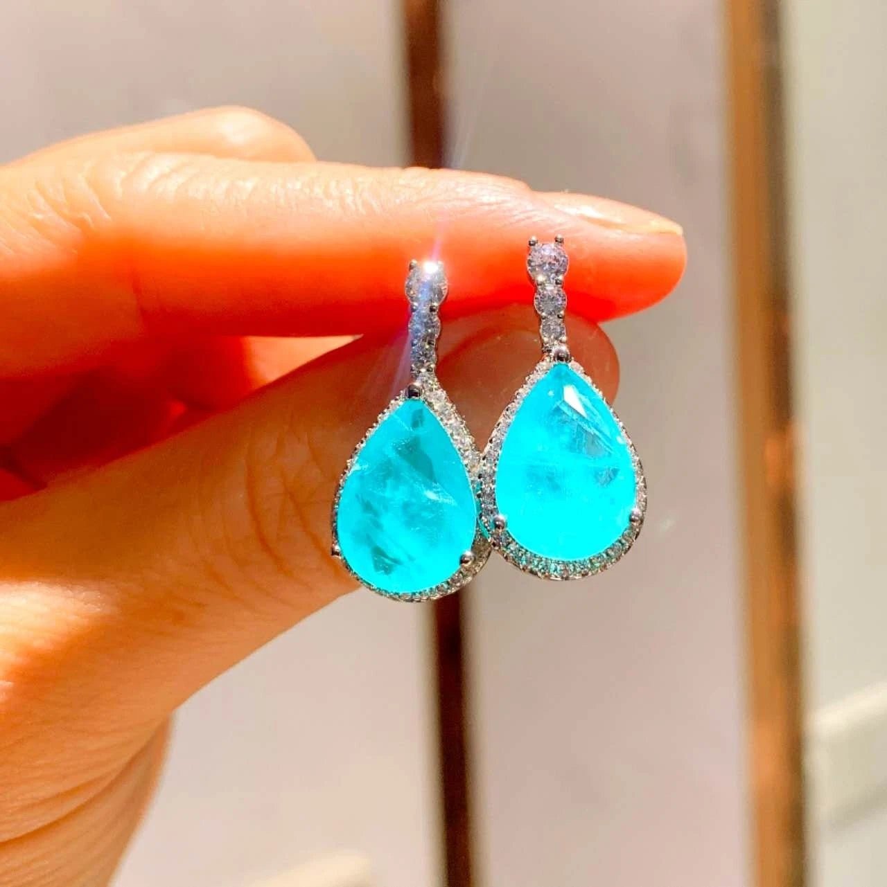 Silver Plated Neon Blue Paraiba Style Zircon Necklace and Earrings Set