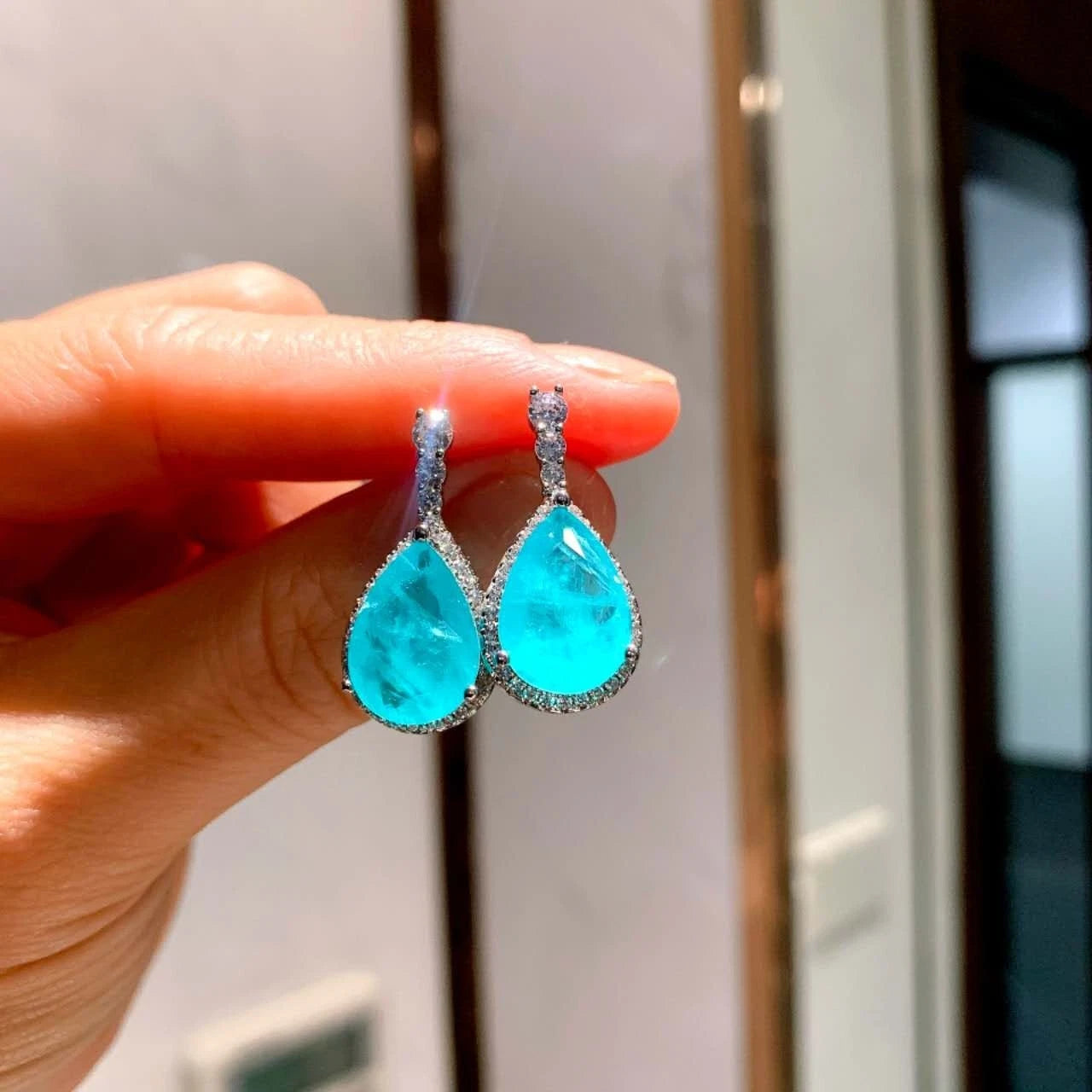 Silver Plated Neon Blue Paraiba Style Zircon Necklace and Earrings Set