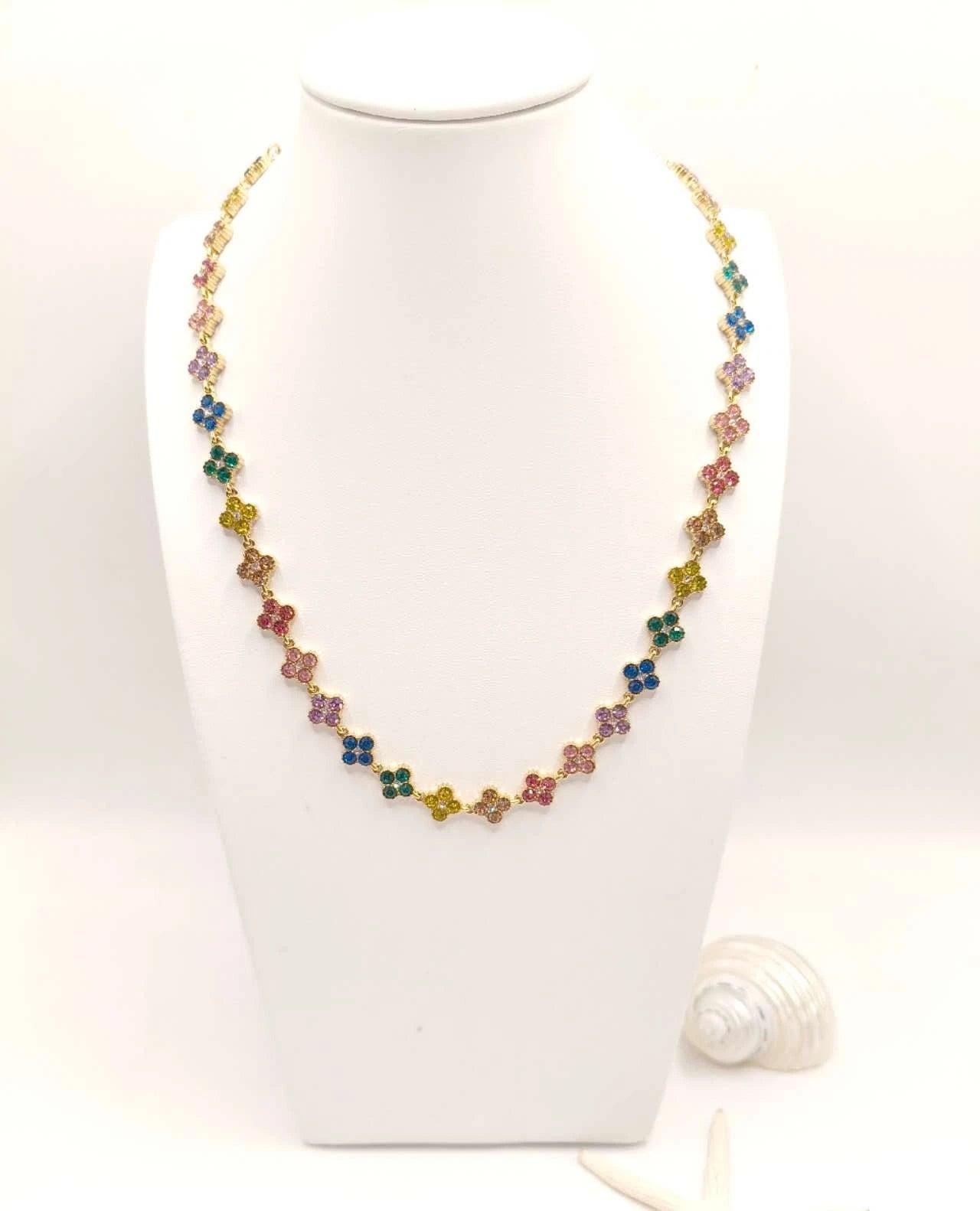 Fashion collana in acciaio inox con zirconi forma quadrifoglio