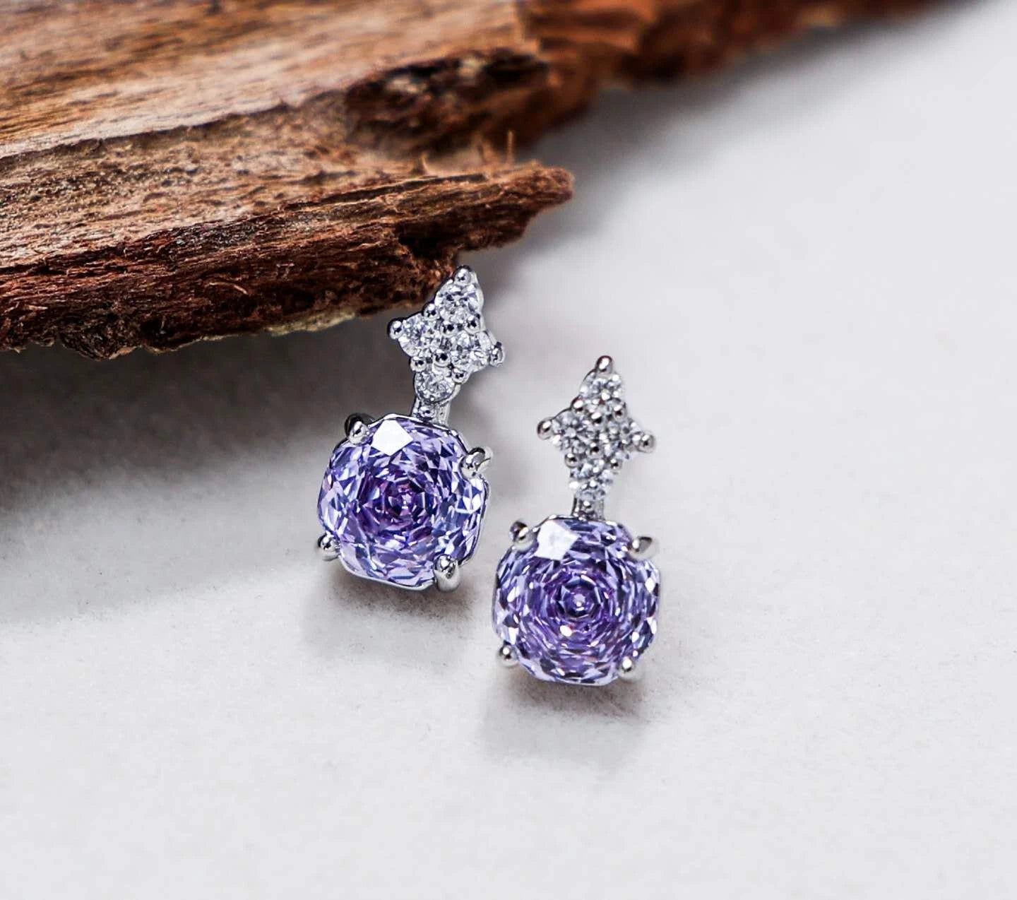 Set Gioielli Fiore Zirconio Viola AAA Acciaio Inox Collana Orecchini a Lobo