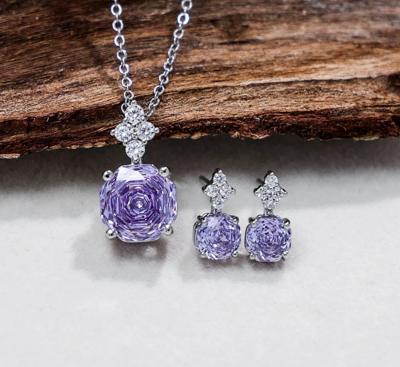 Schmuckset Blume Zirkonia Lila AAA Edelstahl Halskette Ohrstecker