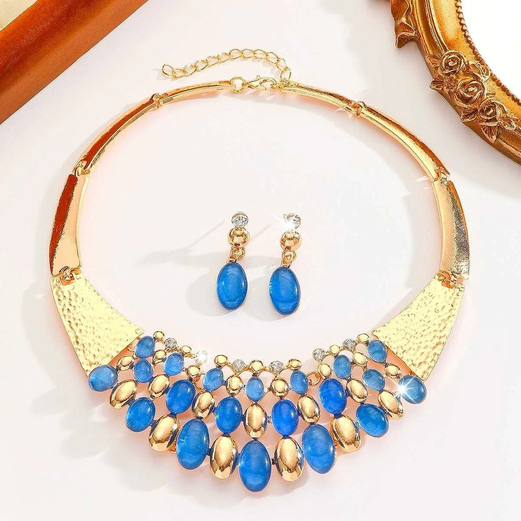 Luxurious Statement Jewelry Set with Blue Cat Eye Resin