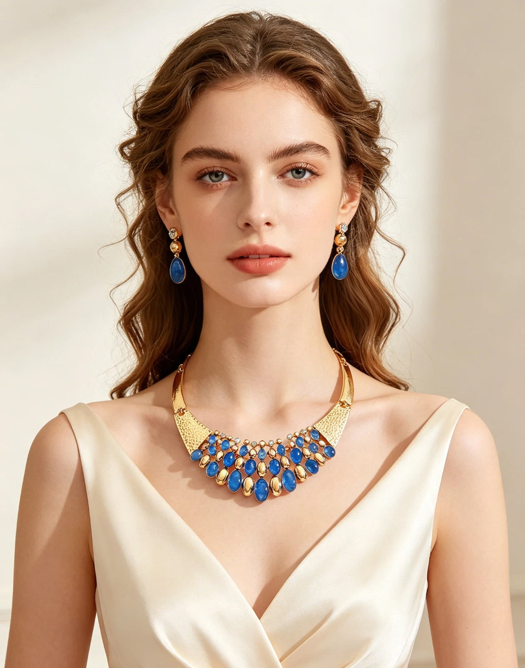 Luxurious Statement Jewelry Set with Blue Cat Eye Resin