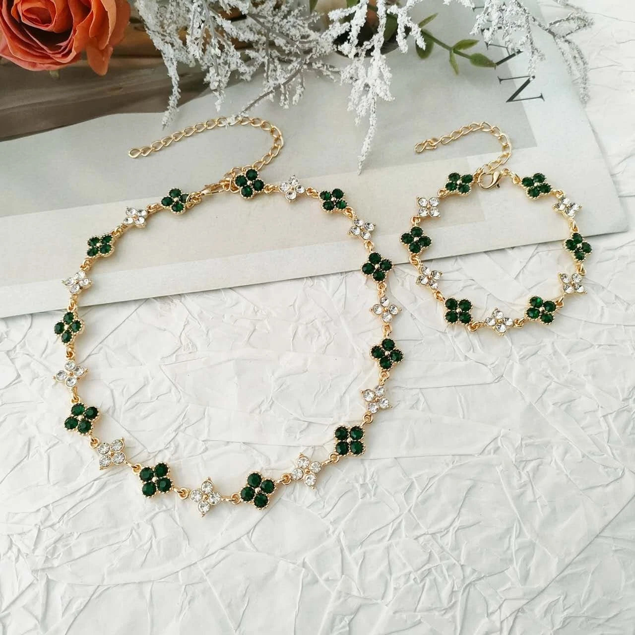 Schmuckset 2-teilig Kleeblatt Strass Kristall Vergoldet