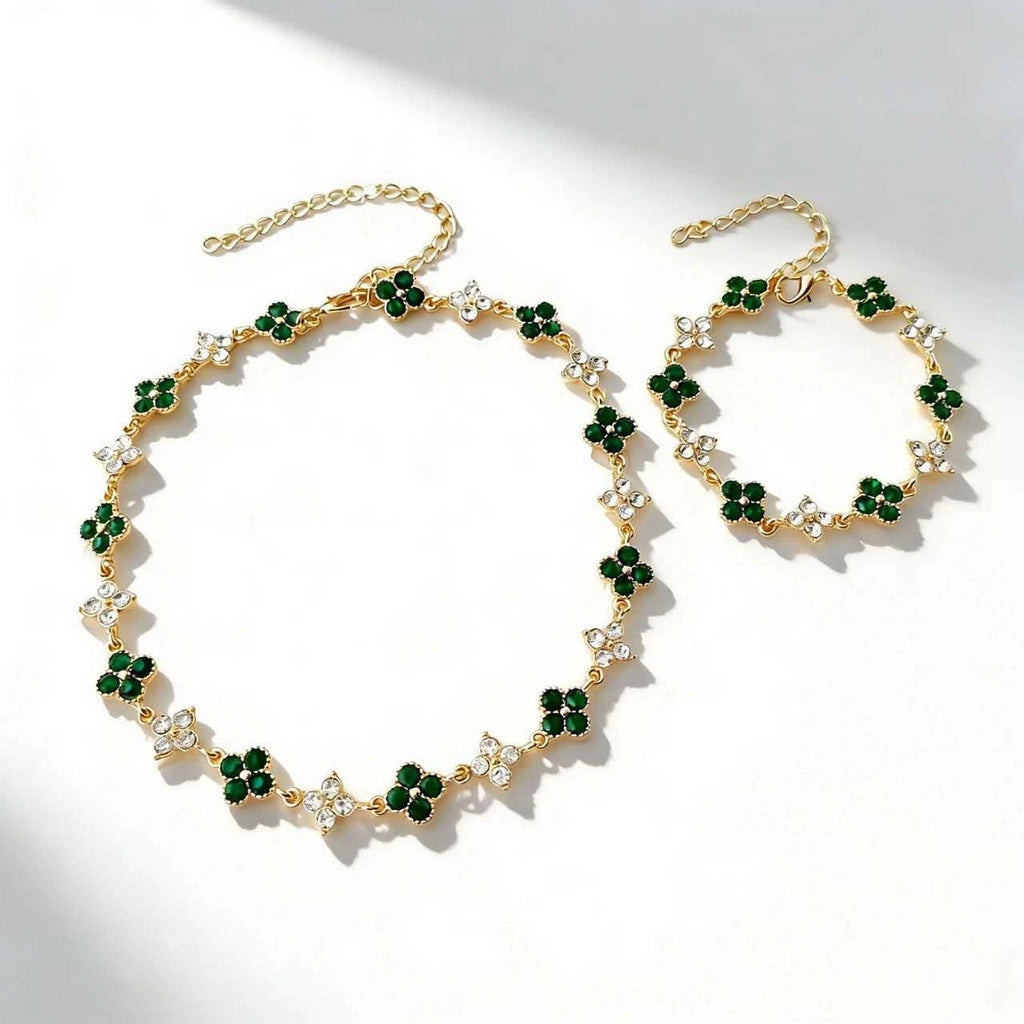 Schmuckset 2-teilig Kleeblatt Strass Kristall Vergoldet