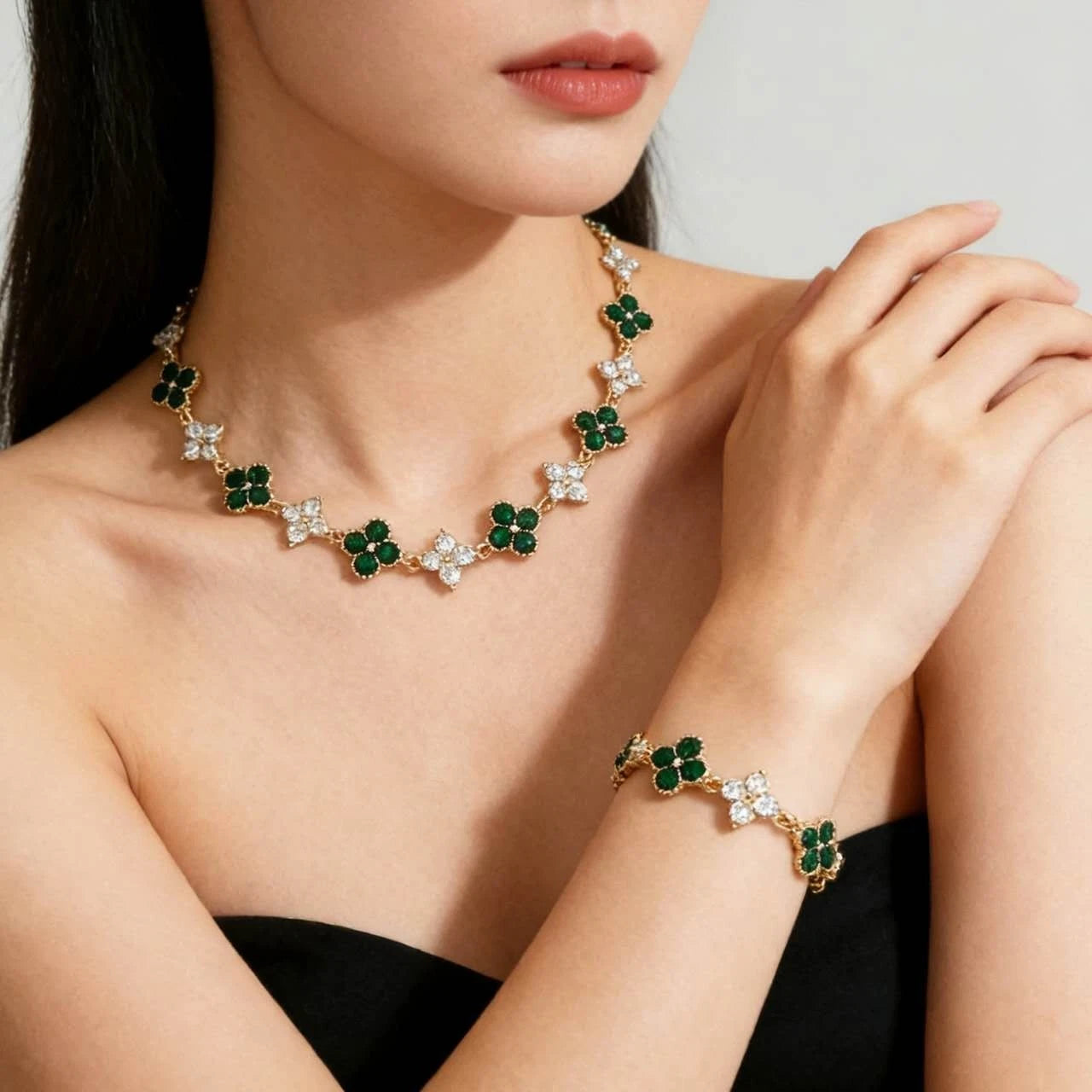 Schmuckset 2-teilig Kleeblatt Strass Kristall Vergoldet