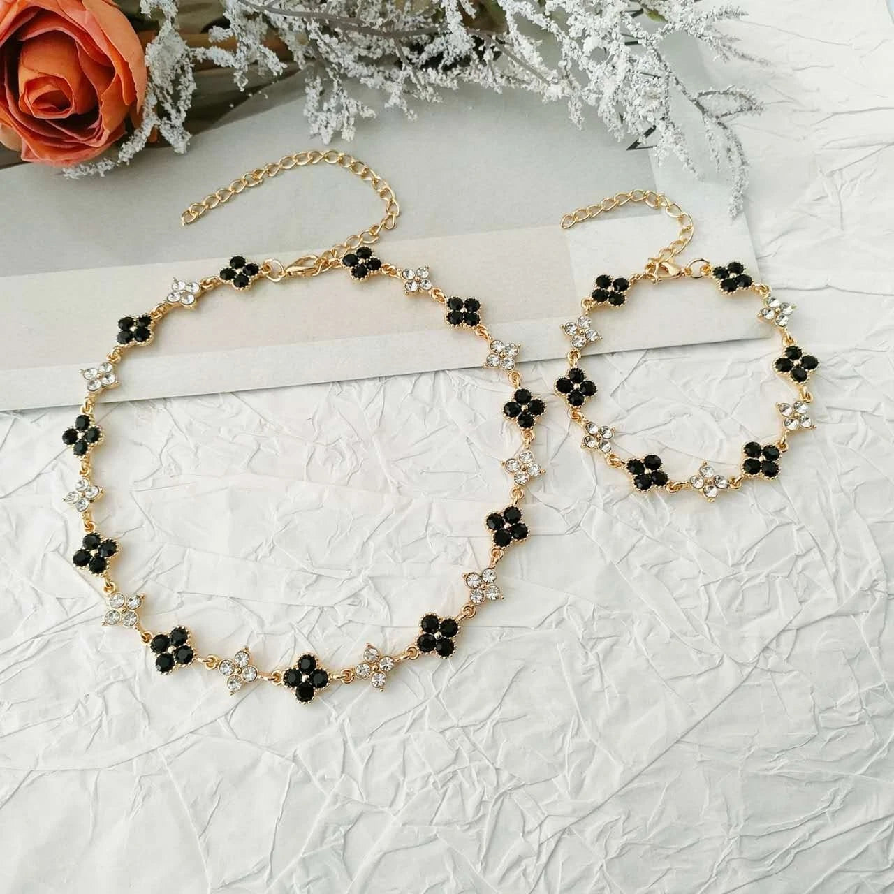 Schmuckset 2-teilig Kleeblatt Strass Kristall Vergoldet