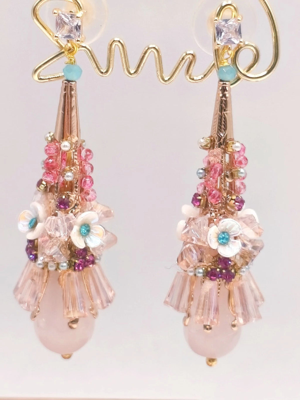 Natural rose quartz, crystal, and teardrop-shaped zircon earrings (silver needle)