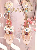 Natural rose quartz, crystal, and teardrop-shaped zircon earrings (silver needle)