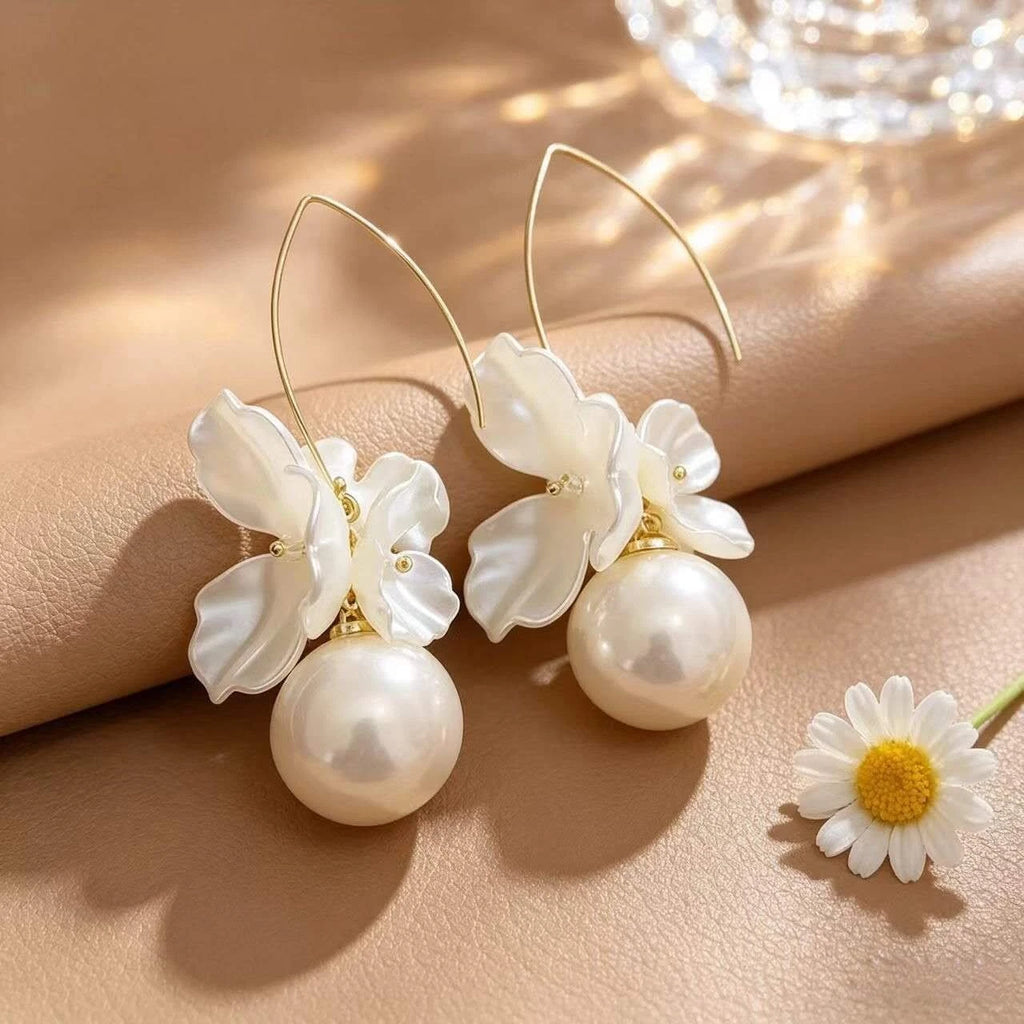 Orecchini Pendenti Fiori Perla Grande 8cm, Perla 2cm Gancio Oro Ipoallergenico