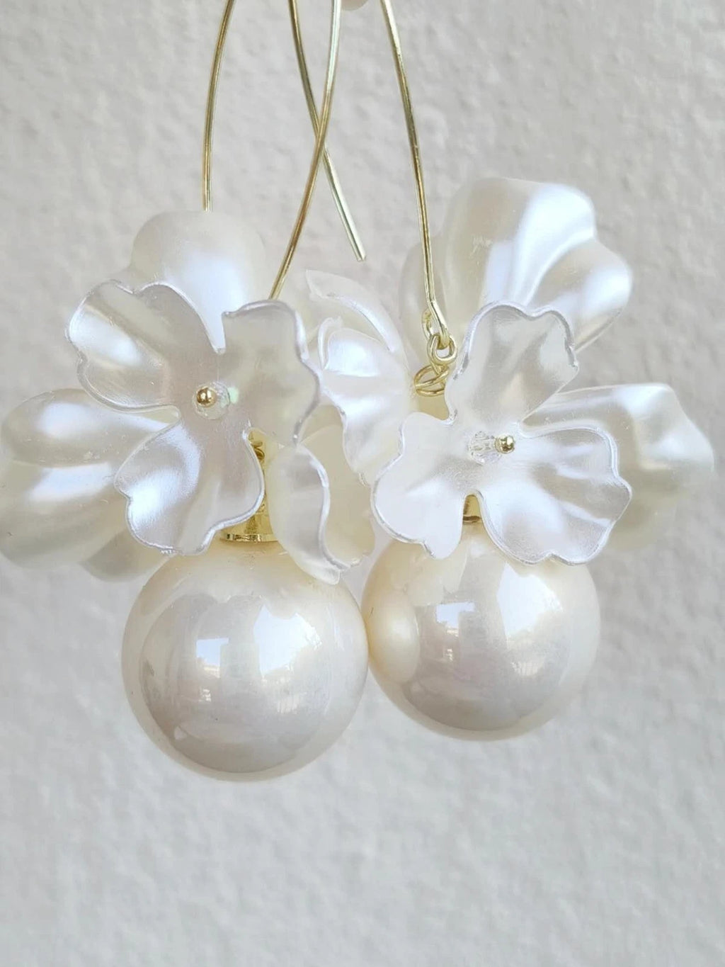Orecchini Pendenti Fiori Perla Grande 8cm, Perla 2cm Gancio Oro Ipoallergenico
