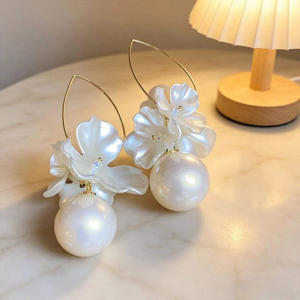 Orecchini Pendenti Fiori Perla Grande 8cm, Perla 2cm Gancio Oro Ipoallergenico
