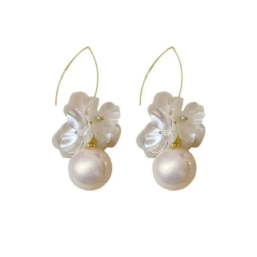 Orecchini Pendenti Fiori Perla Grande 8cm, Perla 2cm Gancio Oro Ipoallergenico