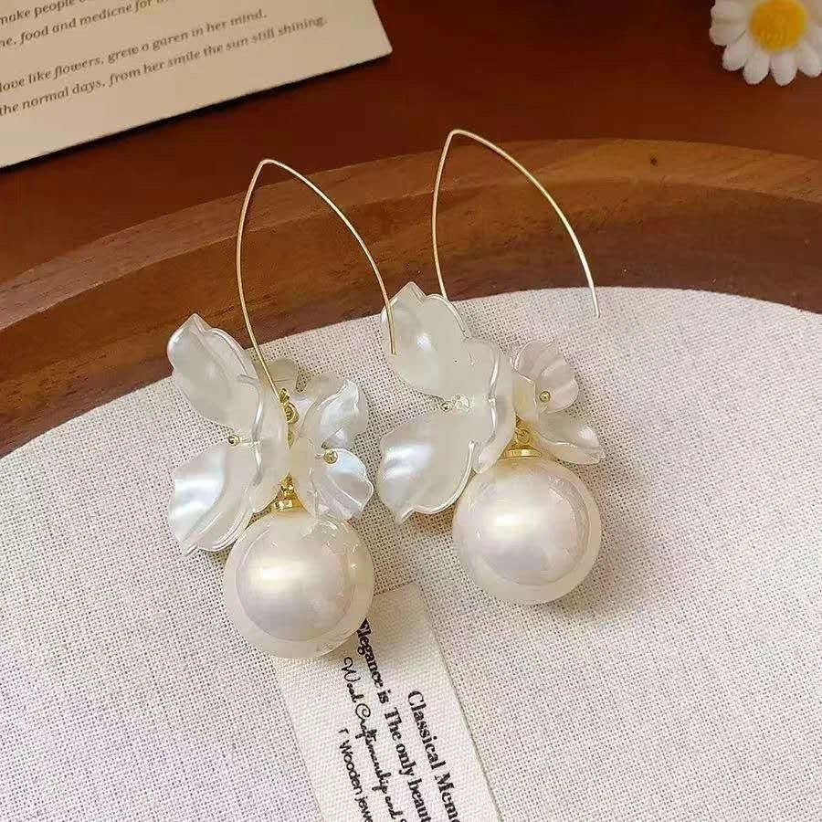 Orecchini Pendenti Fiori Perla Grande 8cm, Perla 2cm Gancio Oro Ipoallergenico