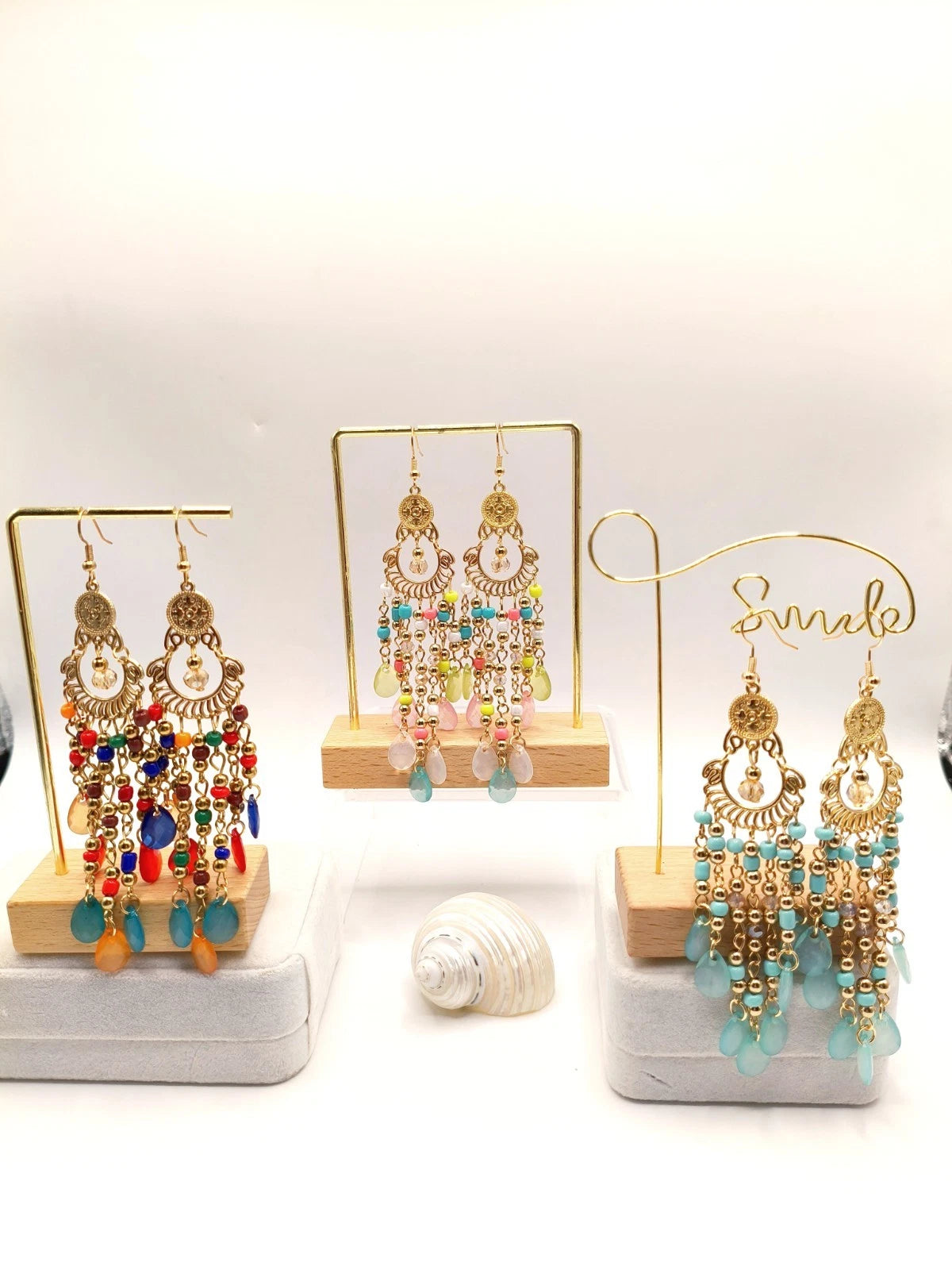 Boho Quastenohrringe Lang Gold Filigran Bunte Perlen