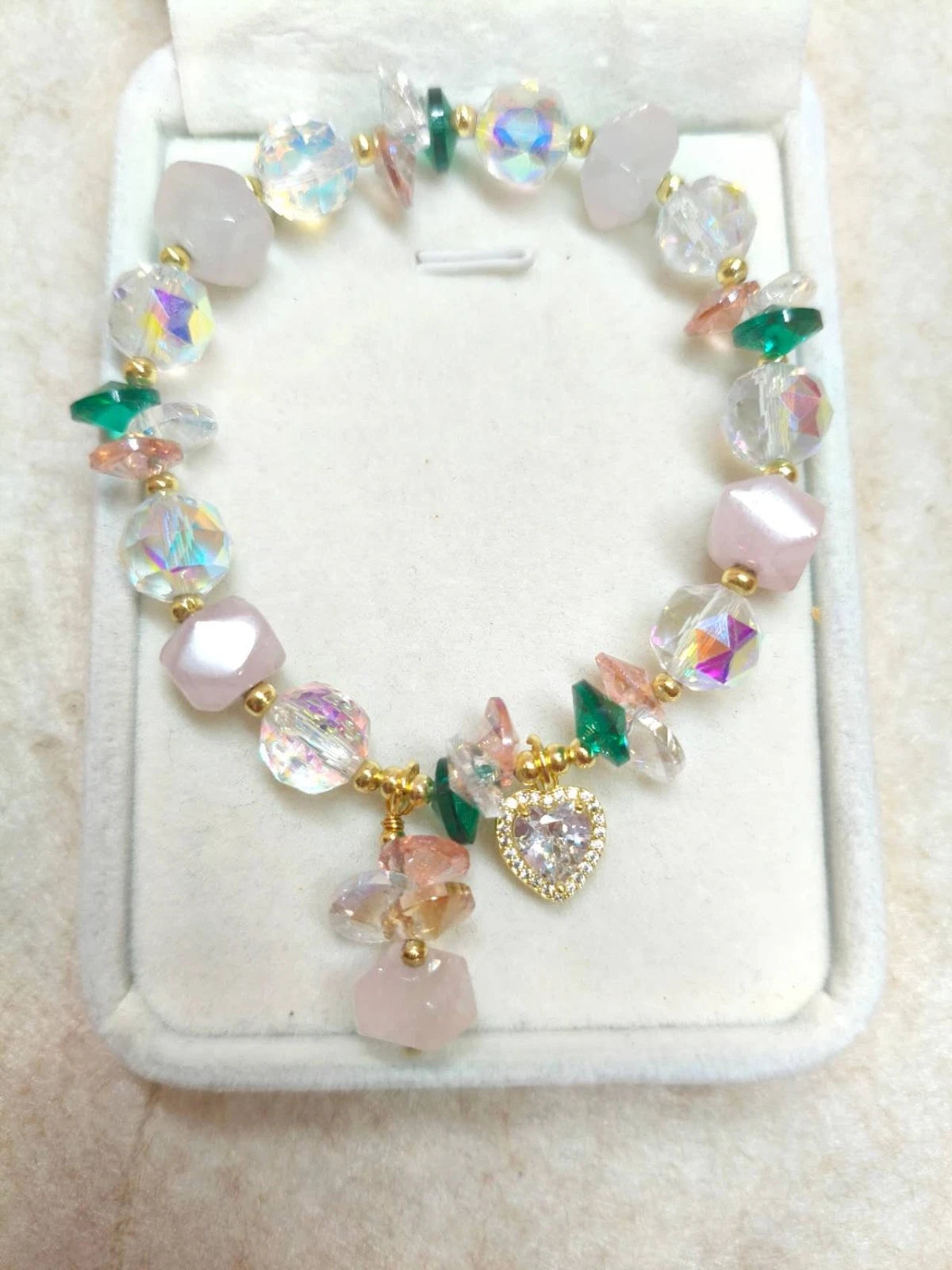 Handcrafted bracelet with natural stones, sweet style, rose quartz and crystals