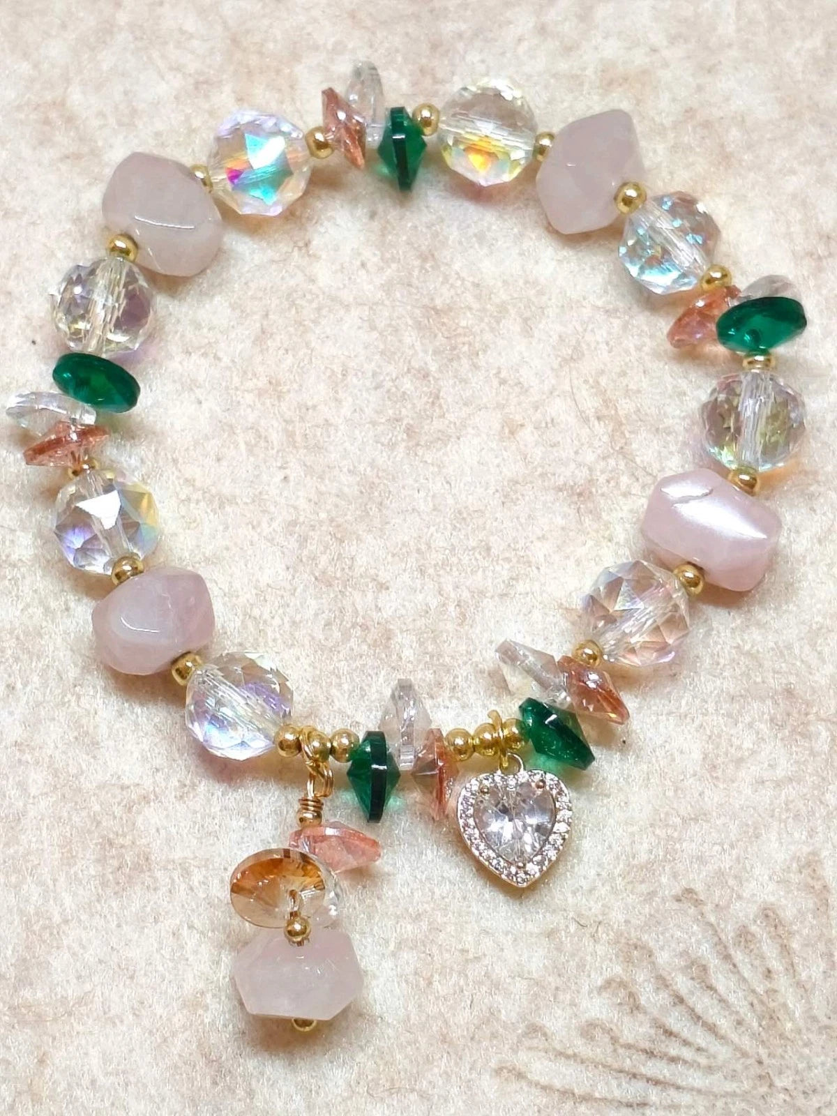 Handcrafted bracelet with natural stones, sweet style, rose quartz and crystals