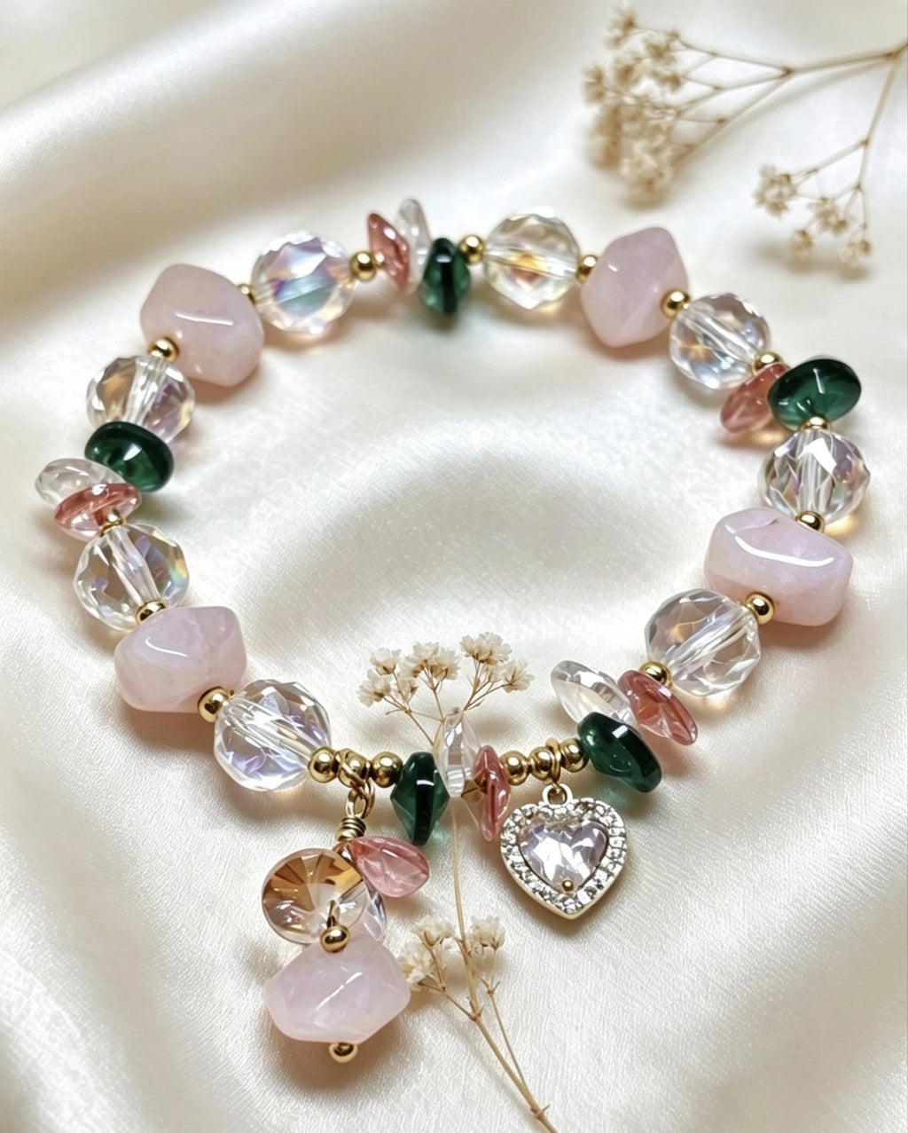 Handcrafted bracelet with natural stones, sweet style, rose quartz and crystals