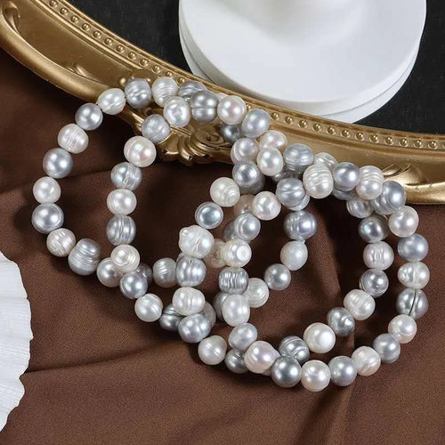 Bracciale elastico con perle d'acqua dolce naturali 9mm "Nebbia Argentata"