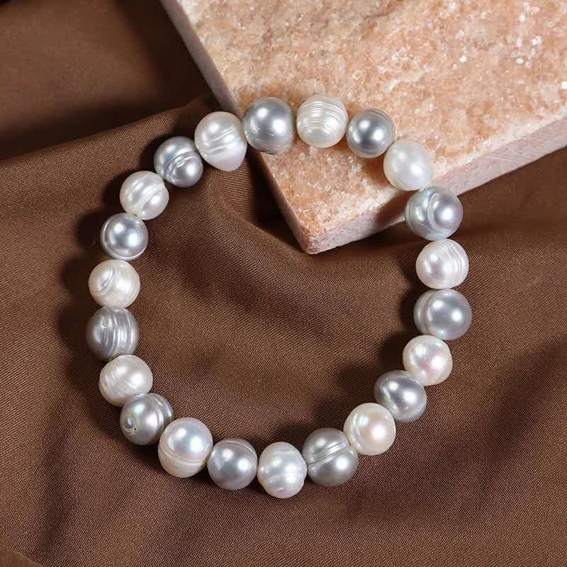 Bracciale elastico con perle d'acqua dolce naturali 9mm "Nebbia Argentata"