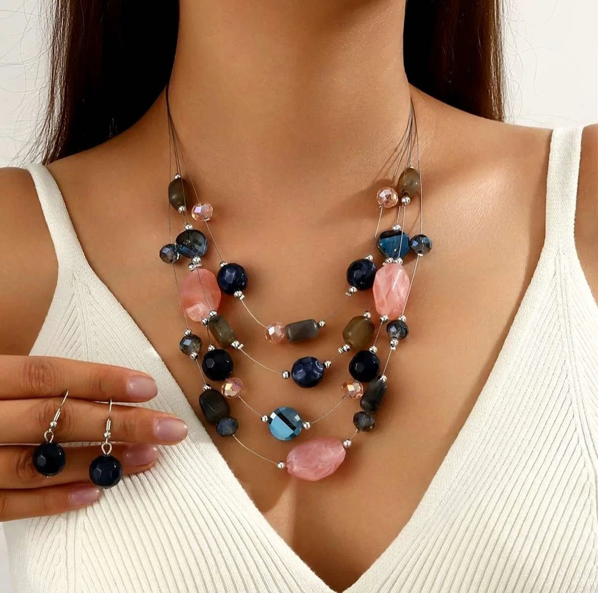 Fashion Set of multi-layered crystal and colored glass with tassels 2 PIECES