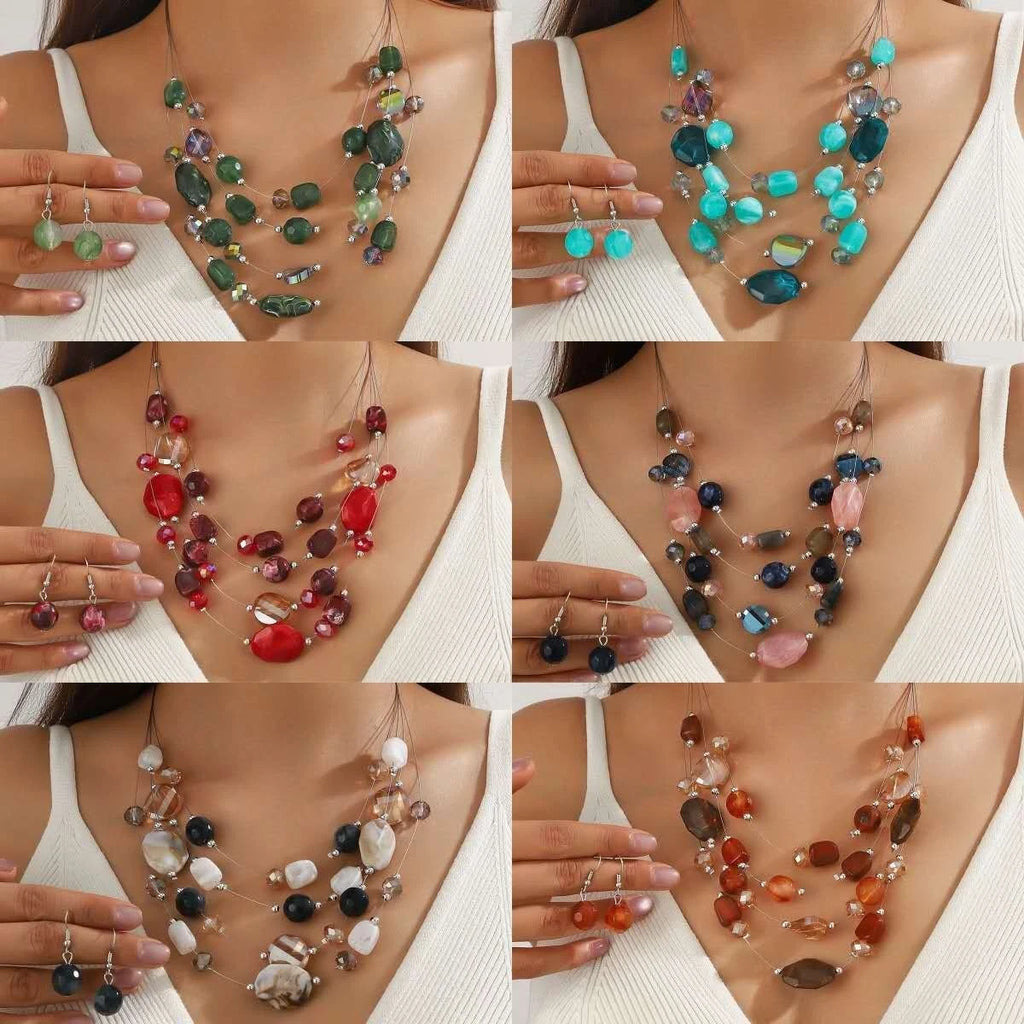 Fashion Set of multi-layered crystal and colored glass with tassels 2 PIECES