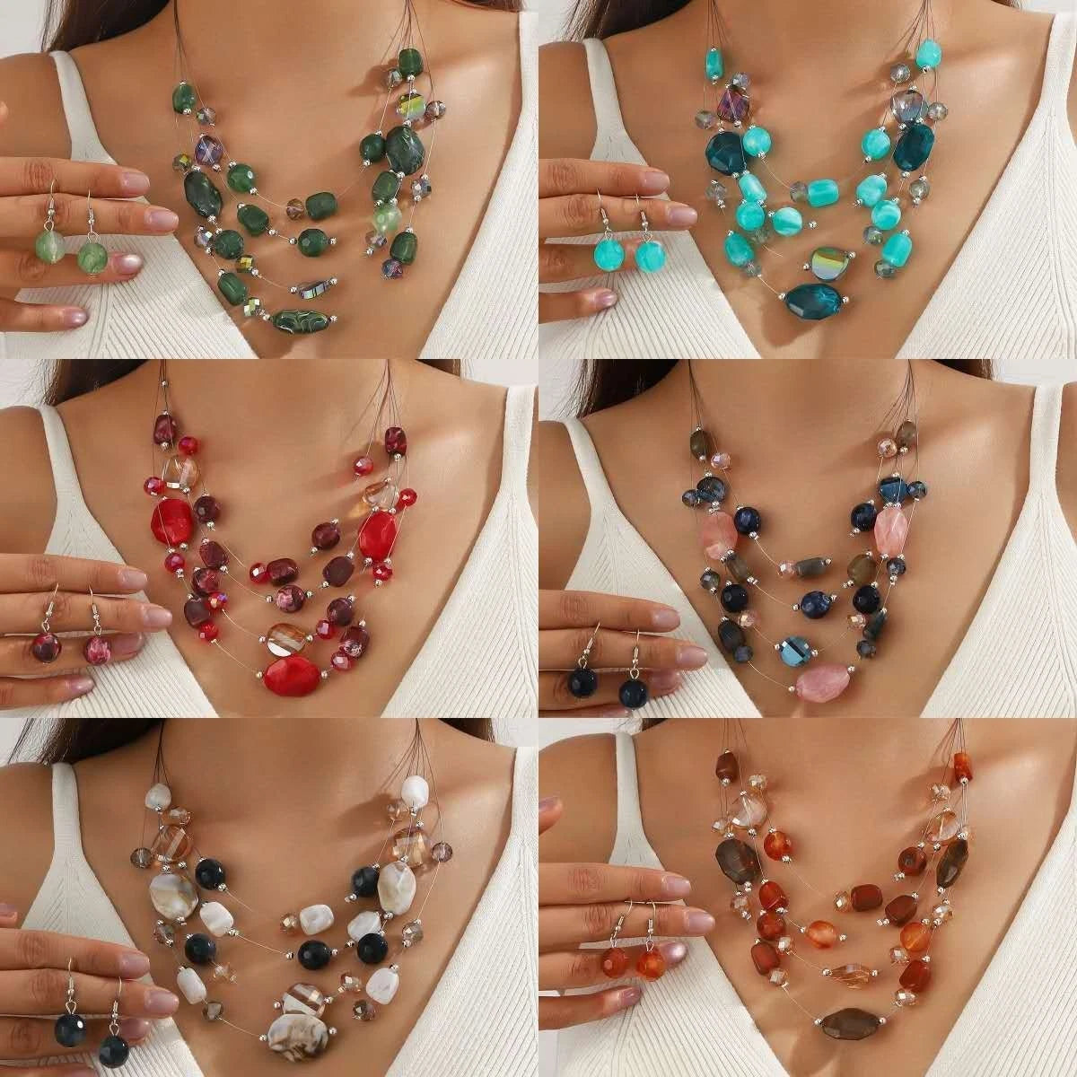 Fashion Set of multi-layered crystal and colored glass with tassels 2 PIECES