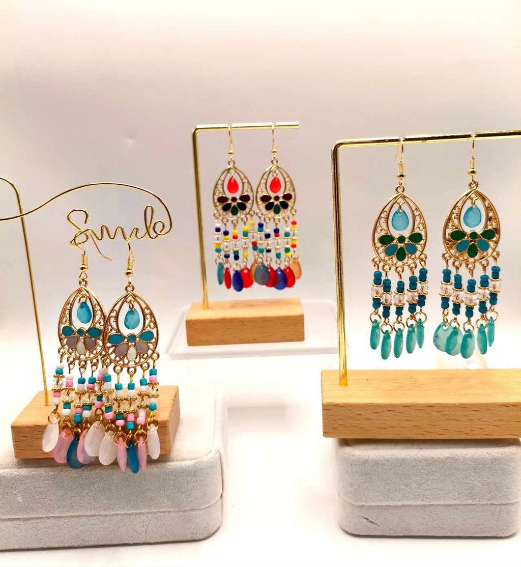 Boho Long Tassel Earrings Hypoallergenic Drop Frame Filigree Enamel