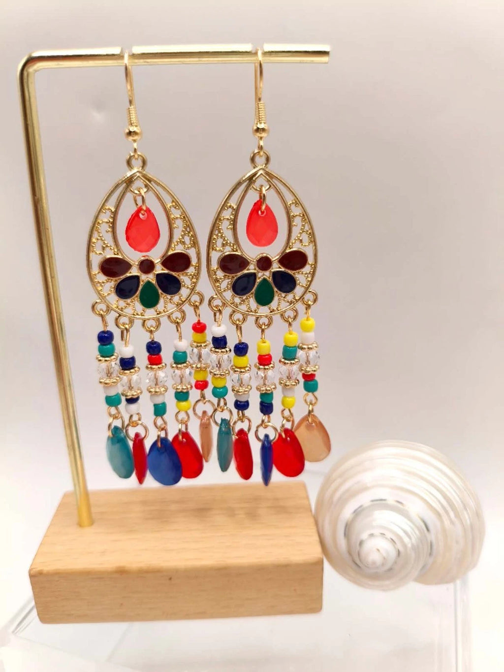 Boho Long Tassel Earrings Hypoallergenic Drop Frame Filigree Enamel