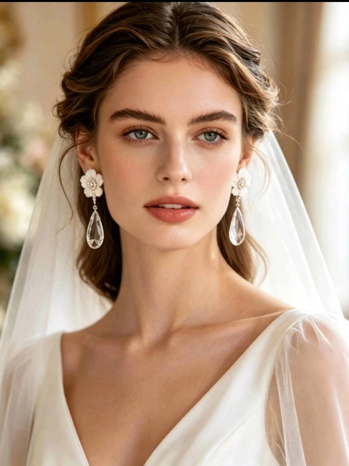 Shell, zirconia, and crystal flower and drop earrings (silver needle)