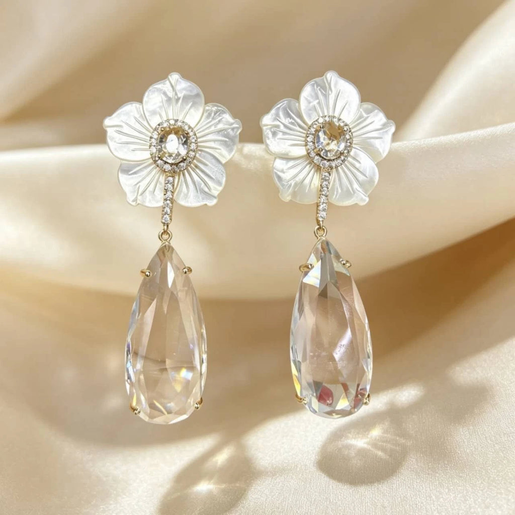 Shell, zirconia, and crystal flower and drop earrings (silver needle)