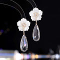 Shell, zirconia, and crystal flower and drop earrings (silver needle)