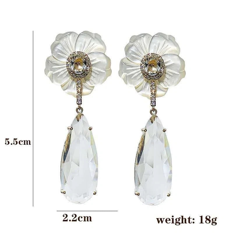 Shell, zirconia, and crystal flower and drop earrings (silver needle)