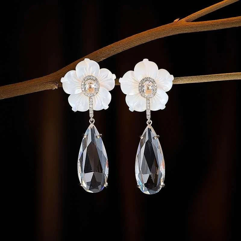Shell, zirconia, and crystal flower and drop earrings (silver needle)