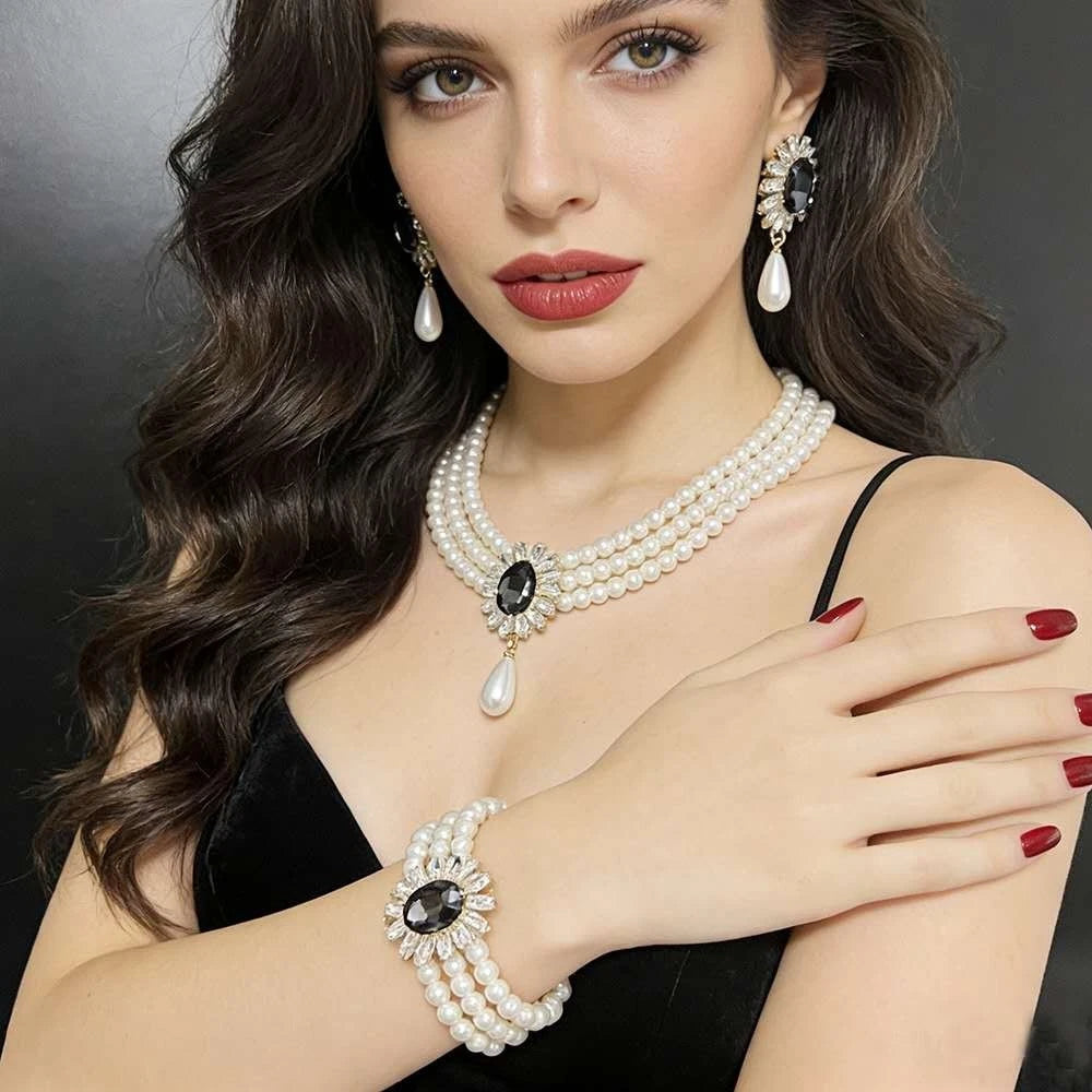 Set aus mehrlagiger Perlen- und Zirkoniakette im Vintage-Stil, 2-teilig (Halskette + Ohrringe)