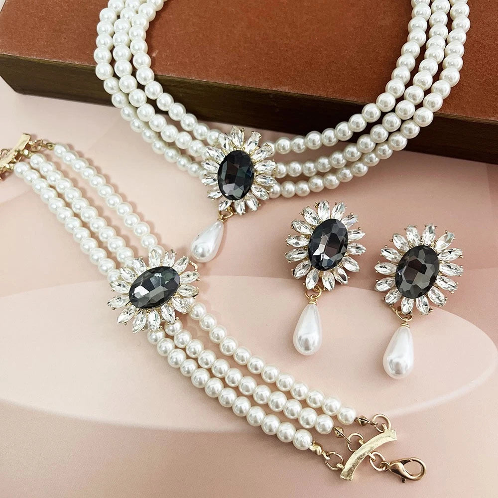 set di perle e zirconi multistrati stile vintage 2 PEZZI (collana+orecchini)