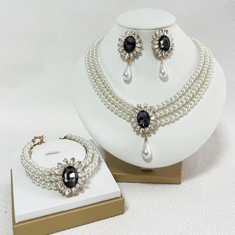 set di perle e zirconi multistrati stile vintage 2 PEZZI (collana+orecchini)