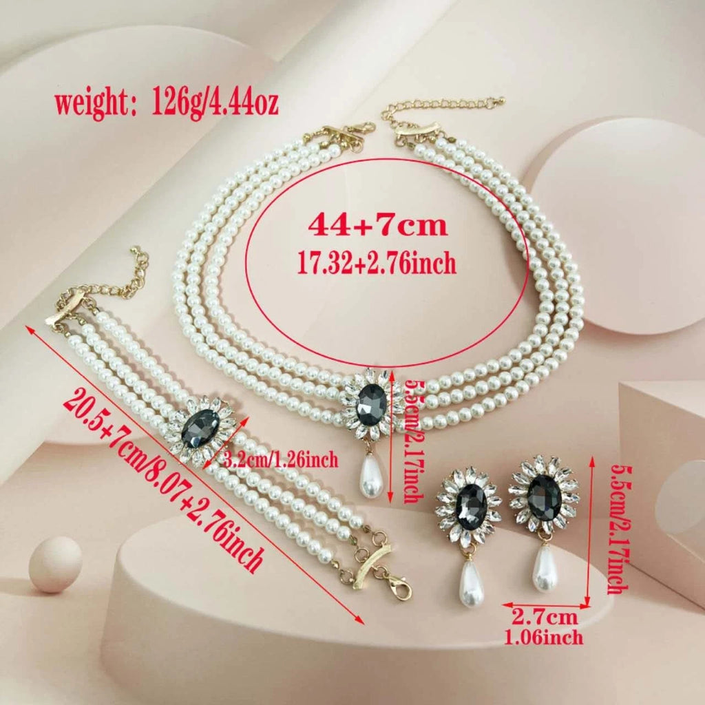 set di perle e zirconi multistrati stile vintage 2 PEZZI (collana+orecchini)