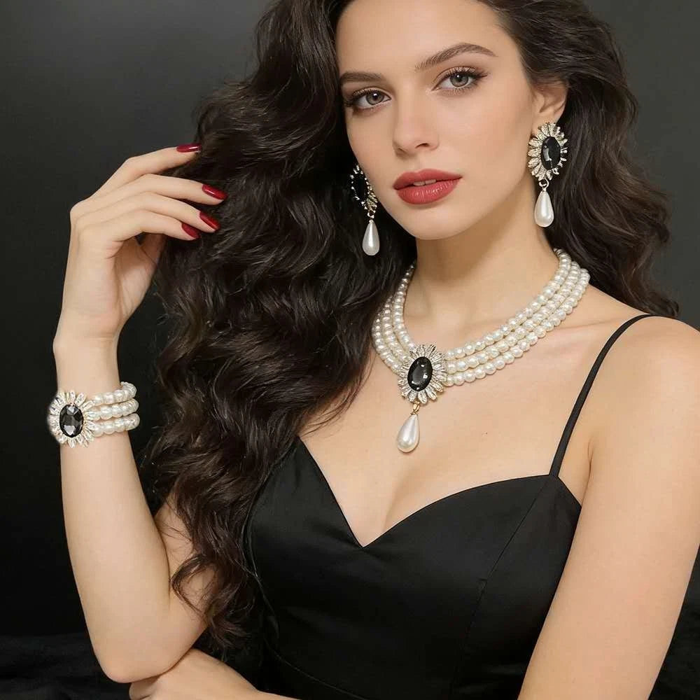 set di perle e zirconi multistrati stile vintage 2 PEZZI (collana+orecchini)