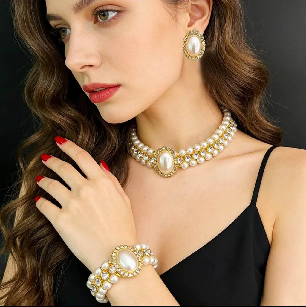 SET di zirconi,perle e diamanti doppio strato stile vintage e francesce 3 PEZZI