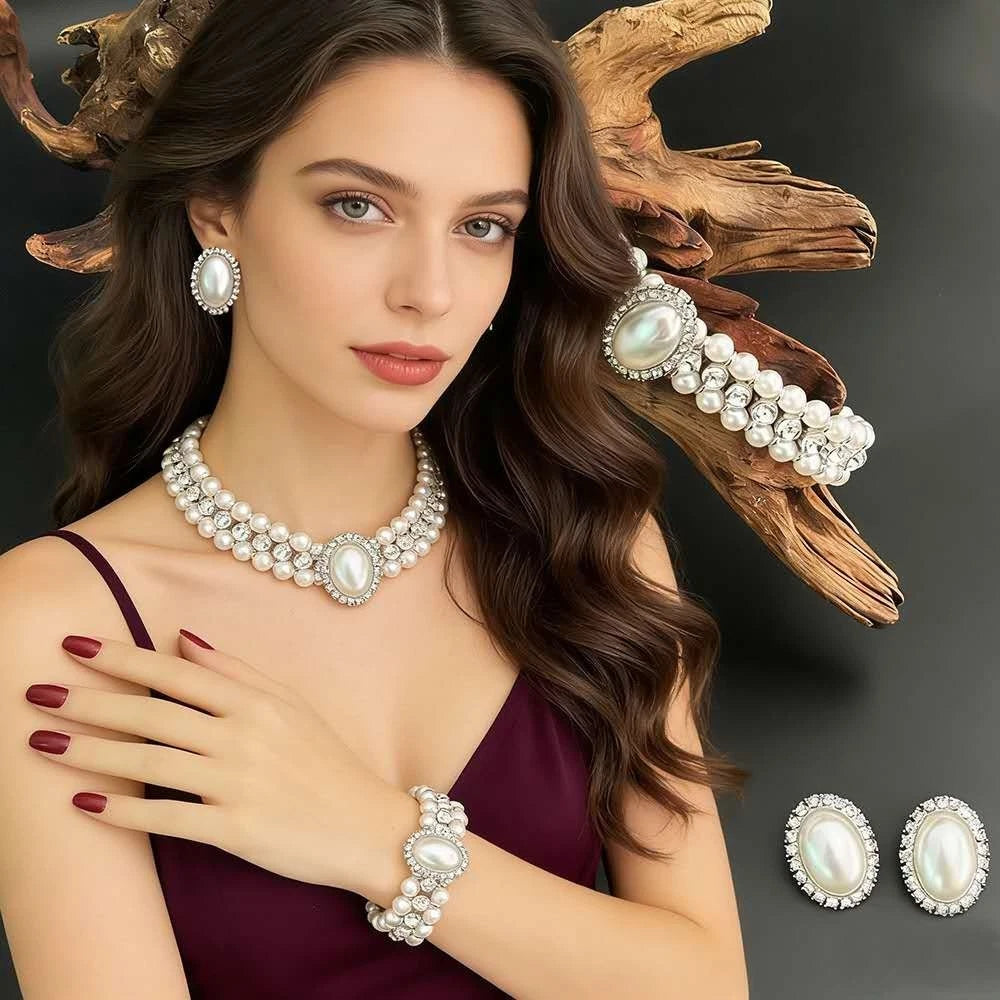 SET aus Zirkonia, Perlen und Diamanten, zweilagig, Vintage- und französischer Stil, 3 TEILE