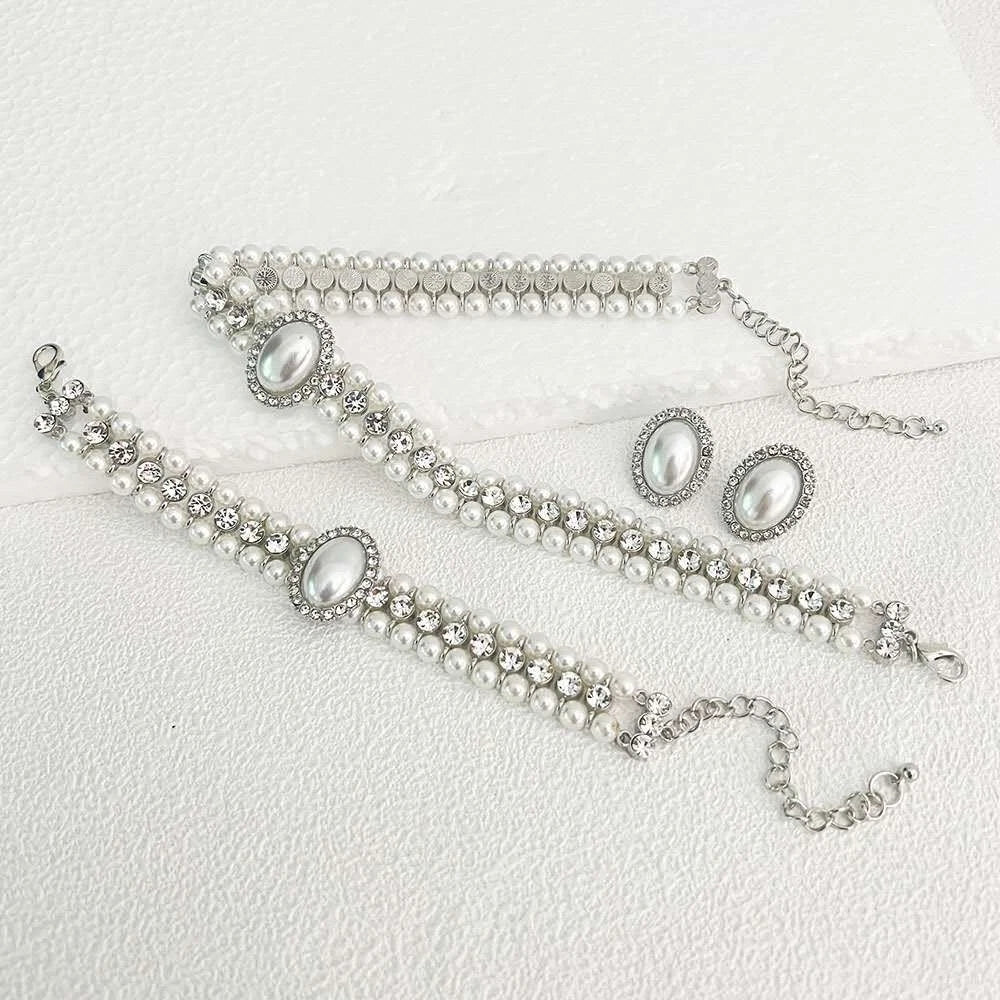 SET aus Zirkonia, Perlen und Diamanten, zweilagig, Vintage- und französischer Stil, 3 TEILE