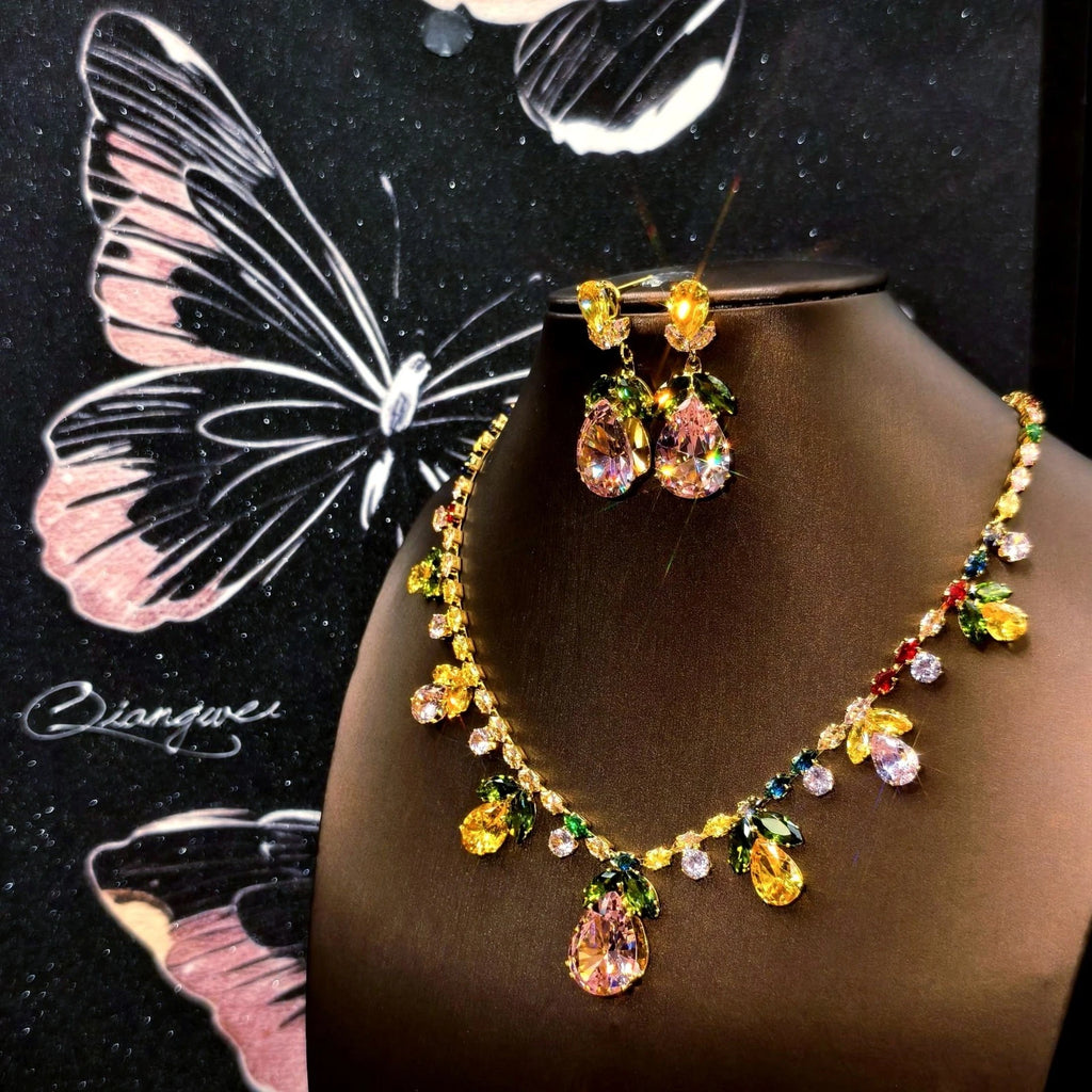 Fashion-Set, bunte Zirkonia, florale Motive, 2-teilig
