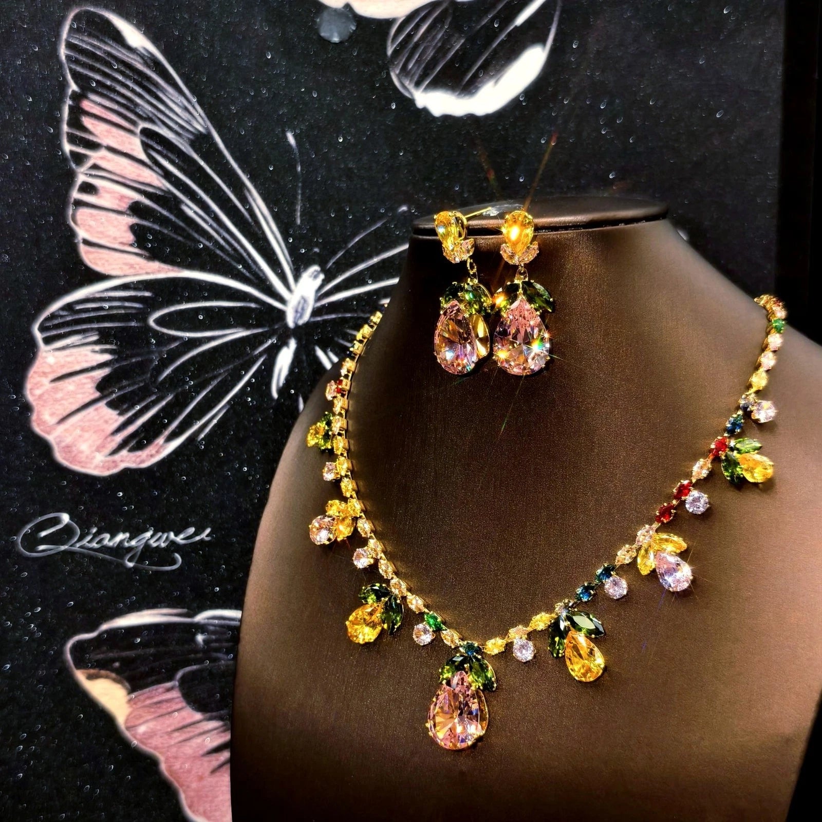 Fashion-Set, bunte Zirkonia, florale Motive, 2-teilig