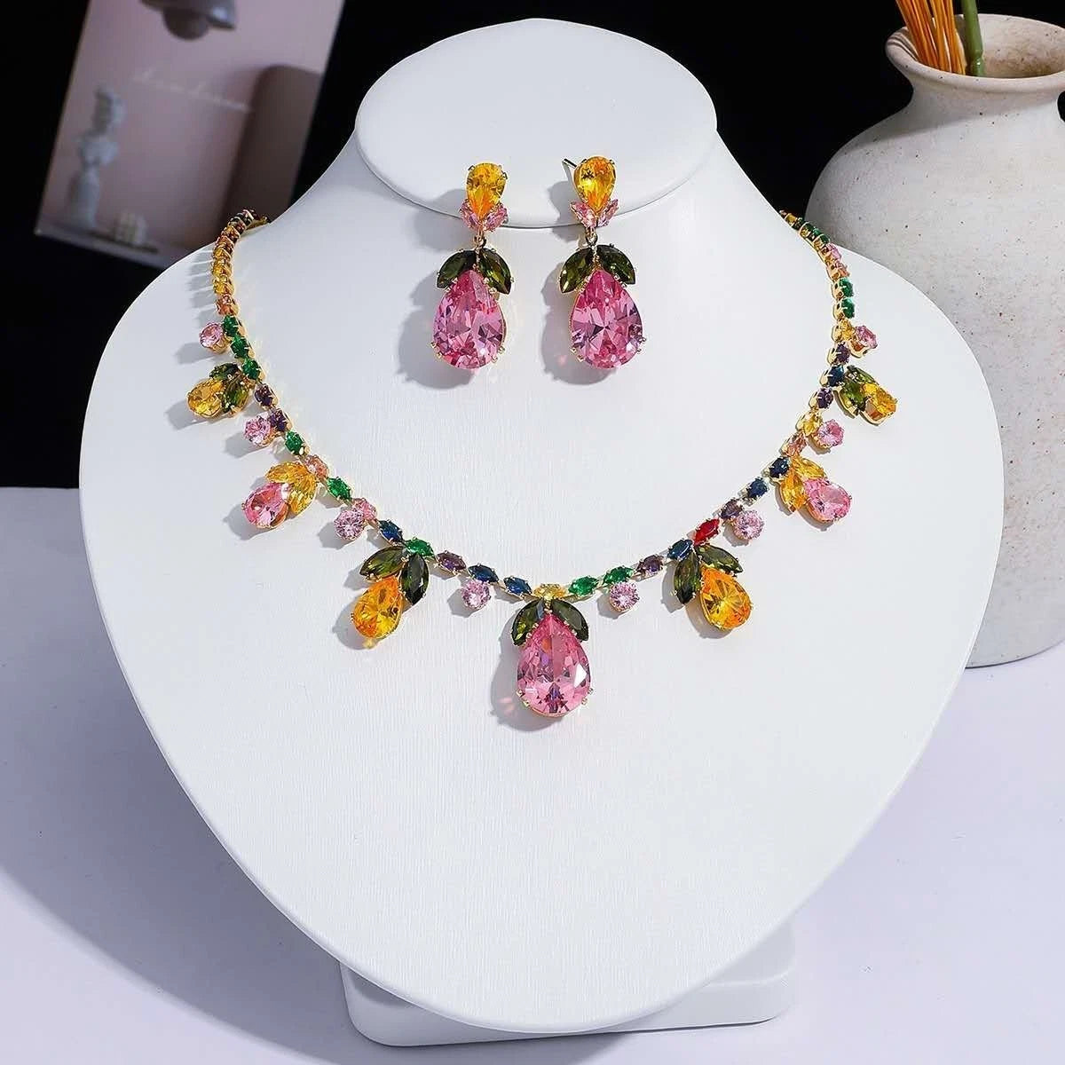Fashion-Set, bunte Zirkonia, florale Motive, 2-teilig