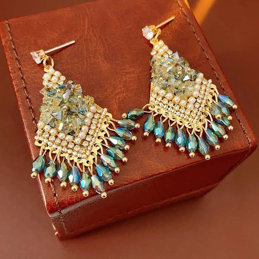 Bohemian style pearl and crystal earrings