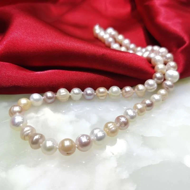 Collana perle d’acqua dolce multicolore naturali, perline 8-9 mm, lunghezza 45cm